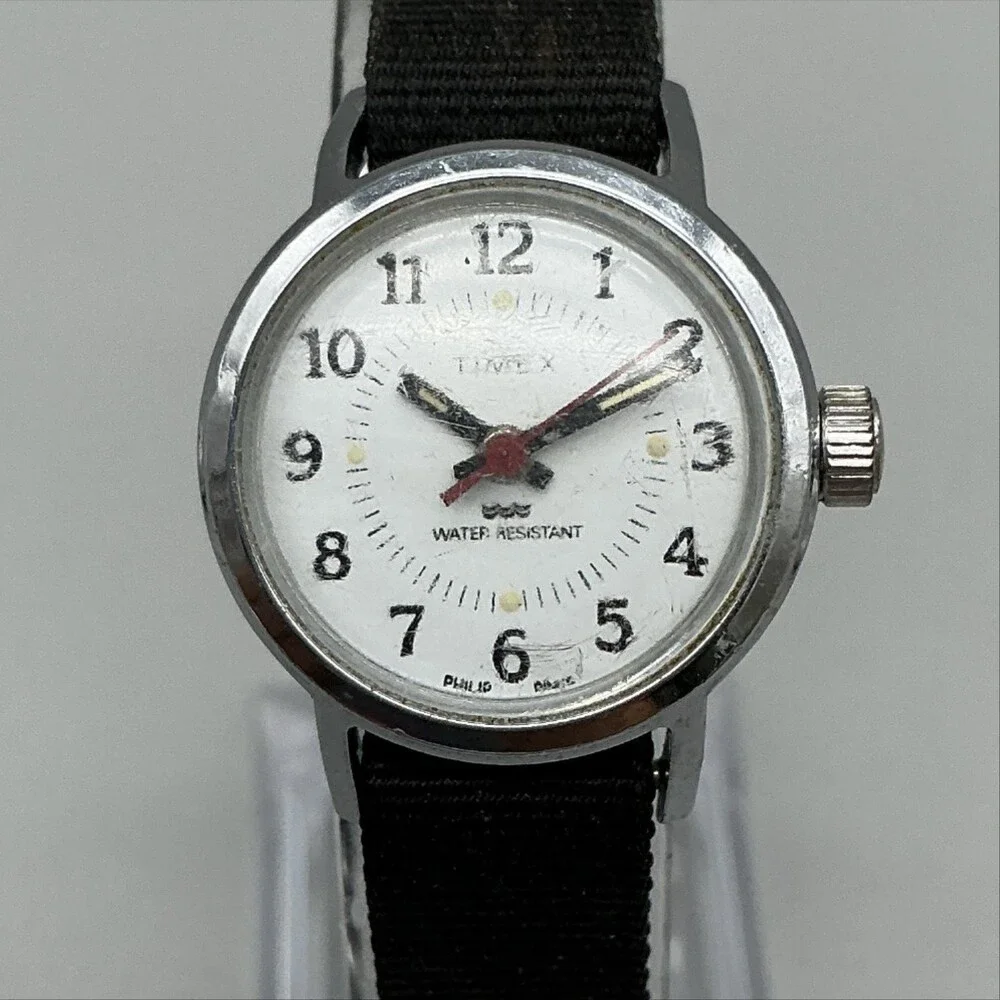 Vintage Timex Womens Watch 24mm White Dial Silver Tone Black Manual Wind